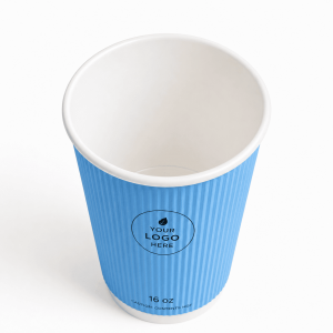 Top down view empty 16oz blue ripple paper cup with custom logo template food grade disposable hot drink cup on plain white background