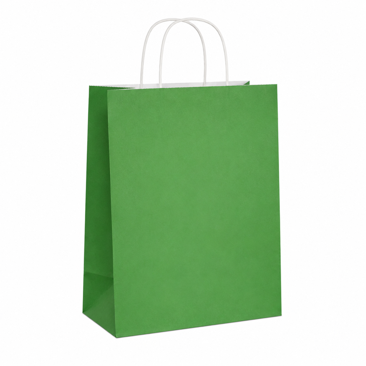 Green kraft paper bag with white handles on a white background, ideal for custom printed shopping bags, retail packaging, bakery bags, and eco-friendly paper bag solutions.