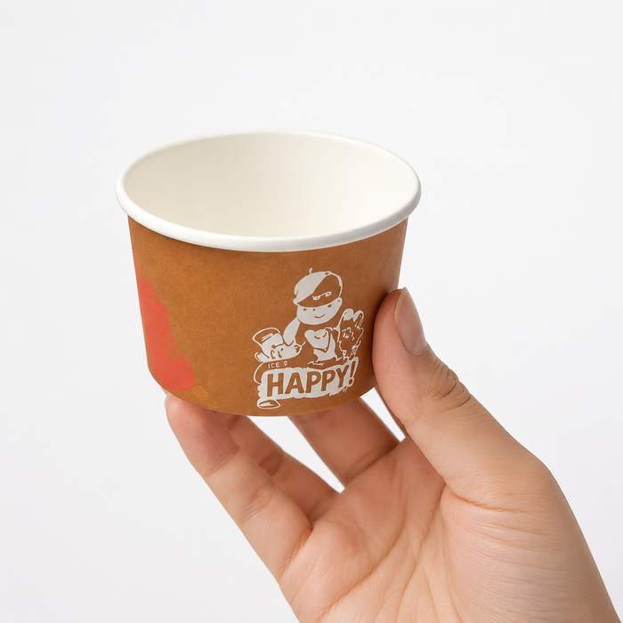 Hand size reference photo of blank kraft custom printed mini paper ice cream cup with happy cartoon logo, small disposable gelato yogurt tub for bulk wholesale dessert shop packaging