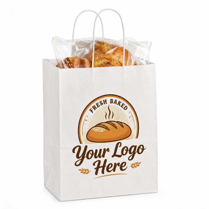 Food grade white bakery paper bags with twisted handles prefilled with packaged loaves blank logo template, recyclable kraft takeaway sacks for pastry shop daily takeout orders, wholesale customizable packaging mockup