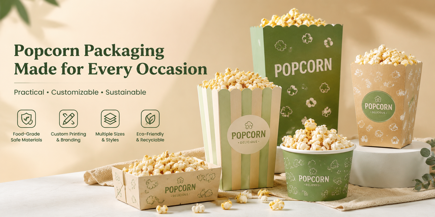 Sustainable paper popcorn packaging set, customizable food grade paper snack containers, eco friendly retail and event popcorn boxes and tub