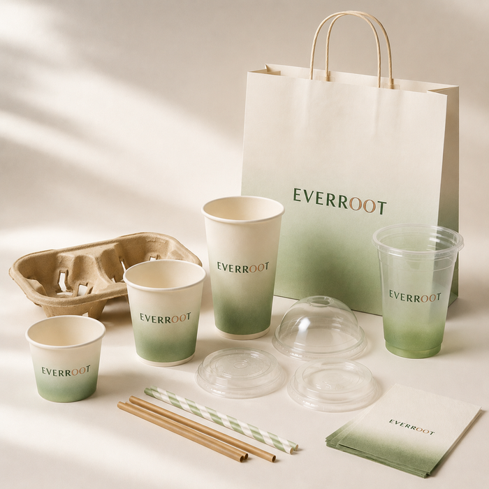 Complete eco-friendly green gradient branded café packaging set including paper cups, rPET cups, kraft cup carrier, paper straws, napkins and paper tote bag, PPWR compliant sustainable beverage packaging