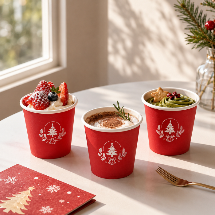 Window scene with red Christmas takeaway hot cups for ice cream and hot cocoa, printed eco friendly holiday paper cups, wholesale custom Christmas coffee cups perfect for cafe seasonal serving
