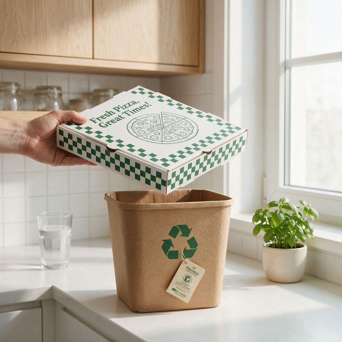 A person disposing a recyclable white pizza takeaway container into a kraft paper bin in a bright kitchen highlighting sustainable food service packaging box options.