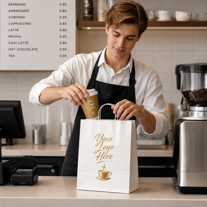 Coffee shop barista packing coffee cup into branded paper takeaway coffee bags, durable coffee shop bags for daily to-go beverage takeout service