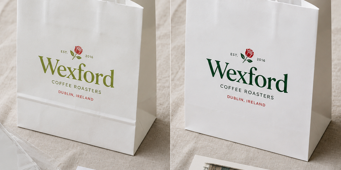  Before and after comparison of a white paper shopping bag for Wexford Coffee Roasters of Dublin, Ireland. The before side shows the bag with olive-green "Wexford" lettering and a red rose logo, accompanied by a plain packing slip and plastic sleeve. The after side features a refined deep-green wordmark with the rose crest, alongside a branded storefront postcard depicting the Wexford coffee shop and a circular logo sticker, all arranged on a natural linen surface.
