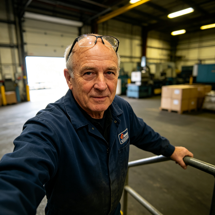 A portrait of an older man in his 60s with a balding head and gray hair at the sides, safety glasses perched on top, wearing a navy blue work uniform jacket with a company logo patch. He stands in an industrial warehouse with overhead fluorescent lighting, stacked cardboard boxes, and factory equipment visible in the background, resting one hand on a metal safety railing.