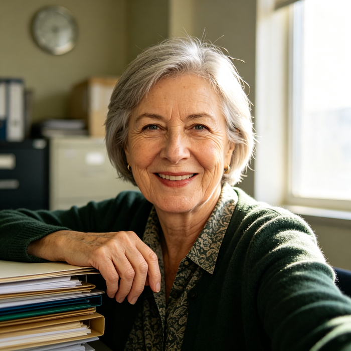 A warm portrait of an older woman in her 60s with short silver-gray hair, wearing a dark green cardigan over a patterned blouse and small gold earrings. She smiles at the camera while seated at a desk with stacked file folders, a wall clock and filing cabinet behind her, and soft natural light streaming through a nearby window.