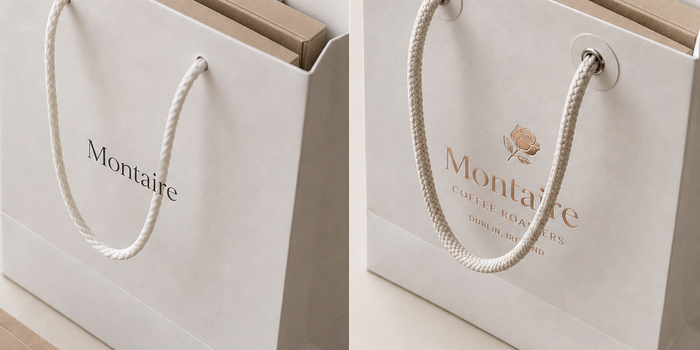 Before and after split comparison of a white paper shopping bag for Montaire Coffee Roasters. The left side shows a plain white kraft bag with simple black serif "Montaire" text and cotton rope handles, with cardboard inserts visible inside. The right side displays an upgraded luxury version featuring rose gold foil stamping of the Montaire logo with a rose emblem, "Coffee Roasters, Dublin, Ireland" tagline, metal eyelet grommets, and a TUOBO craftsmanship detail card with a bronze wax seal, set against a soft beige background.