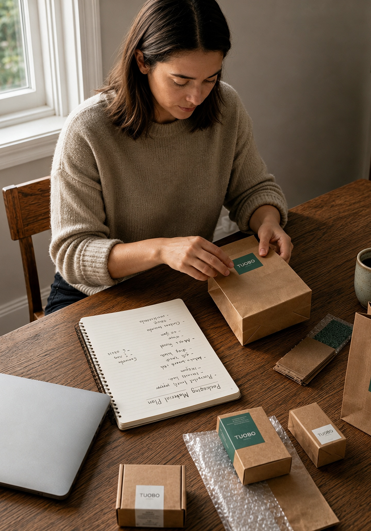 Female buyer reviewing custom kraft paper packaging samples including paper shopping bags and gift boxes at a wooden desk, with a packaging material plan notebook, laptop and coffee cup in natural window light.