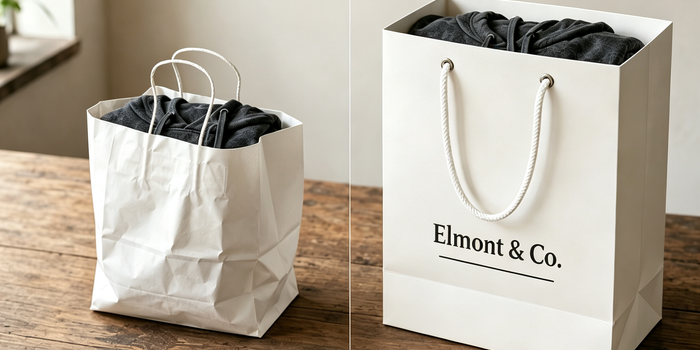 Before and after comparison of a white paper shopping bag for Elmont & Co. on a rustic wooden table. The before side shows a wrinkled, collapsed white paper bag with twisted handles holding folded dark clothing near a sunlit window. The after side presents a crisp, structured white bag with rope handles through metal grommets, elegant black "Elmont & Co." serif lettering, a "THANK YOU" note card, and a circular branded tag, demonstrating the transformation from ordinary to premium retail packaging.