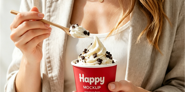 A close-up of a person holding a 4oz ice cream cups sample in red filled with soft-serve and cookie toppings, perfect for ice cream paper cups wholesale from professional China mini ice cream cups manufacturers.