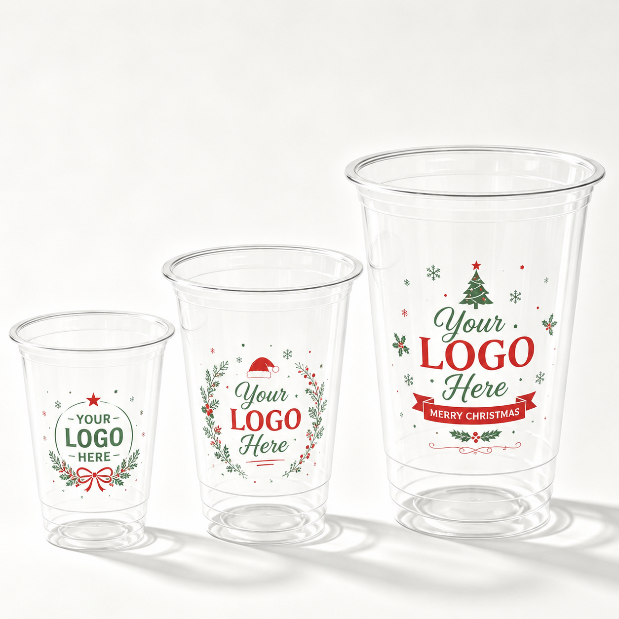 Three sizes empty transparent rPET plastic cold drink cups, wholesale custom Christmas festive printed disposable plastic tumblers, customizable logo clear plastic cups for beverage shop catering bulk packaging, food grade recyclable plastic cups