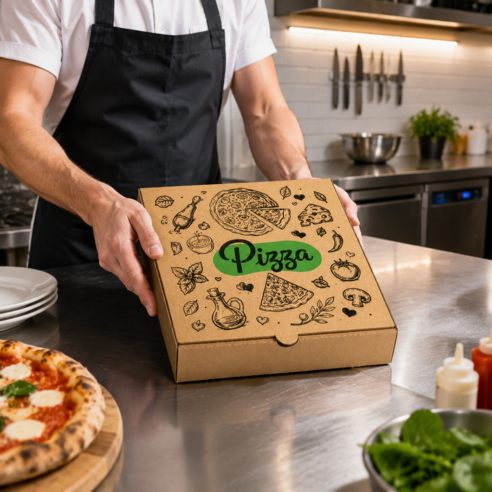 Chef holding a kraft cardboard pizza carton with custom printed graphics in a commercial kitchen for pizza restaurant packaging solution.
