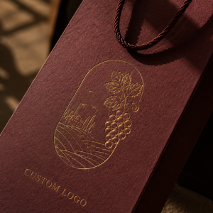 Extreme close-up detail of deboss + gold hot foil stamping vineyard grape artwork on textured burgundy wine paper bag surface, soft warm shadow ambient lighting