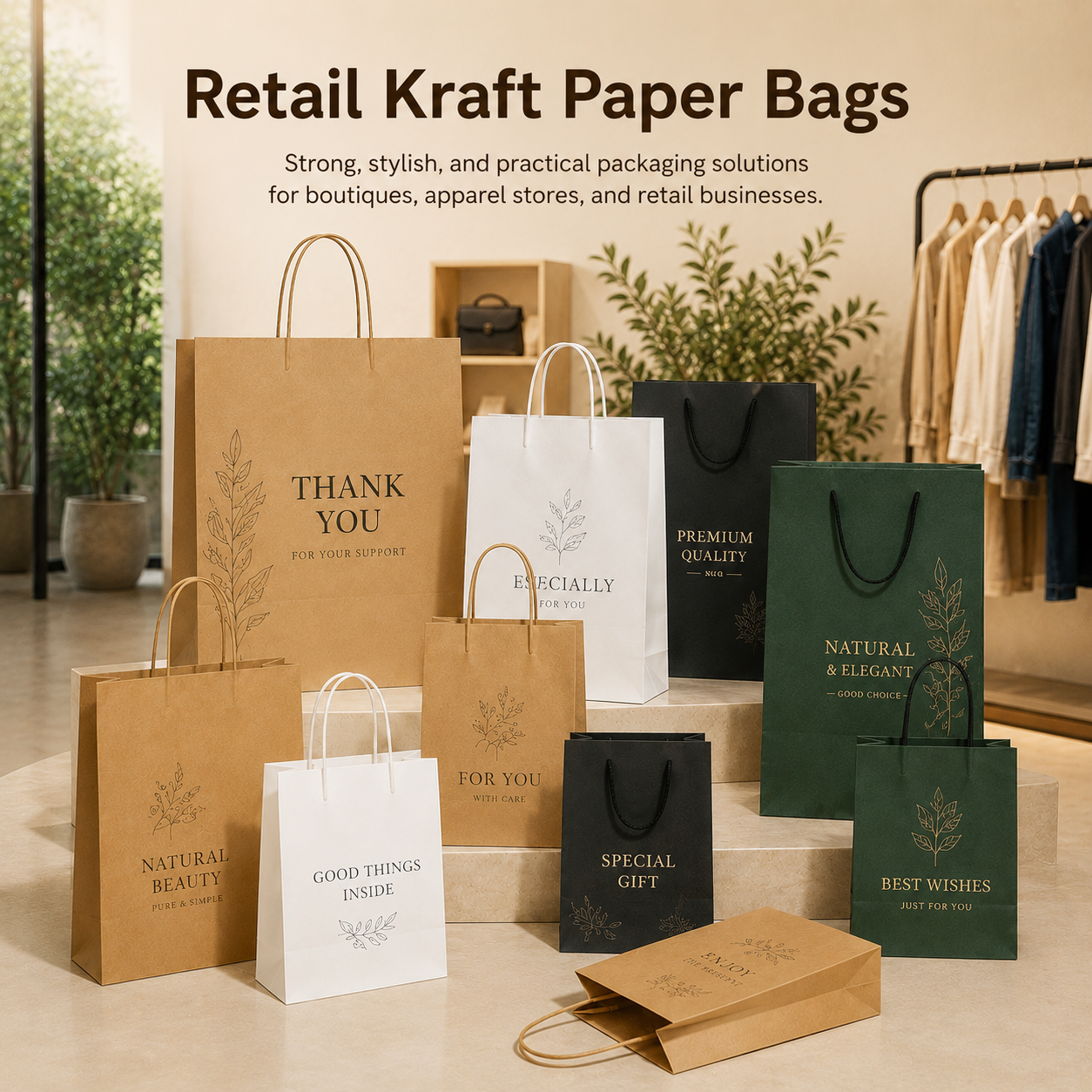 A warm, softly lit boutique scene featuring a collection of stylish retail kraft paper bags in neutral tones, each with elegant typography and botanical illustrations, arranged on stepped stone platforms with a clothing rack and plants in the background, highlighting their strong, stylish, and practical design for boutiques and retail businesses.