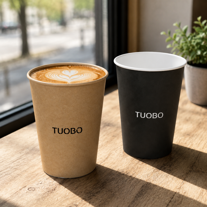 A brown kraft paper cup filled with latte art coffee sitting next to an empty black printed disposable cup on a wooden table by a window.