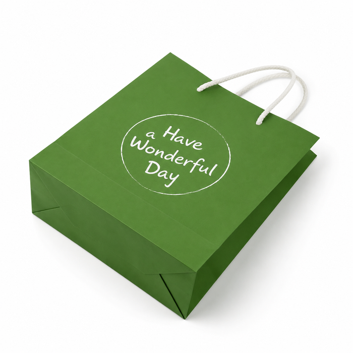 custom logo shopping bags, boutique paper carrier bags, green cardboard carrier bags with rope handles and Have a Wonderful Day print, flat lay retail packaging bag