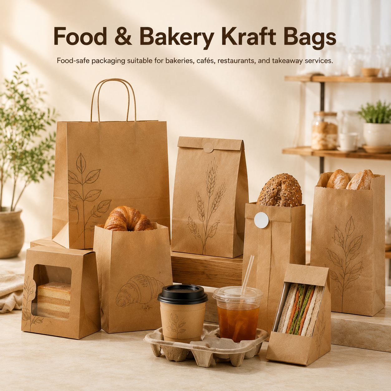 A softly lit bakery and café scene displaying various food-safe kraft paper bags with simple, minimalist patterns, arranged on a wooden counter with baked goods, a coffee cup, a sandwich, and a cold drink, highlighting their practical and stylish takeaway packaging.