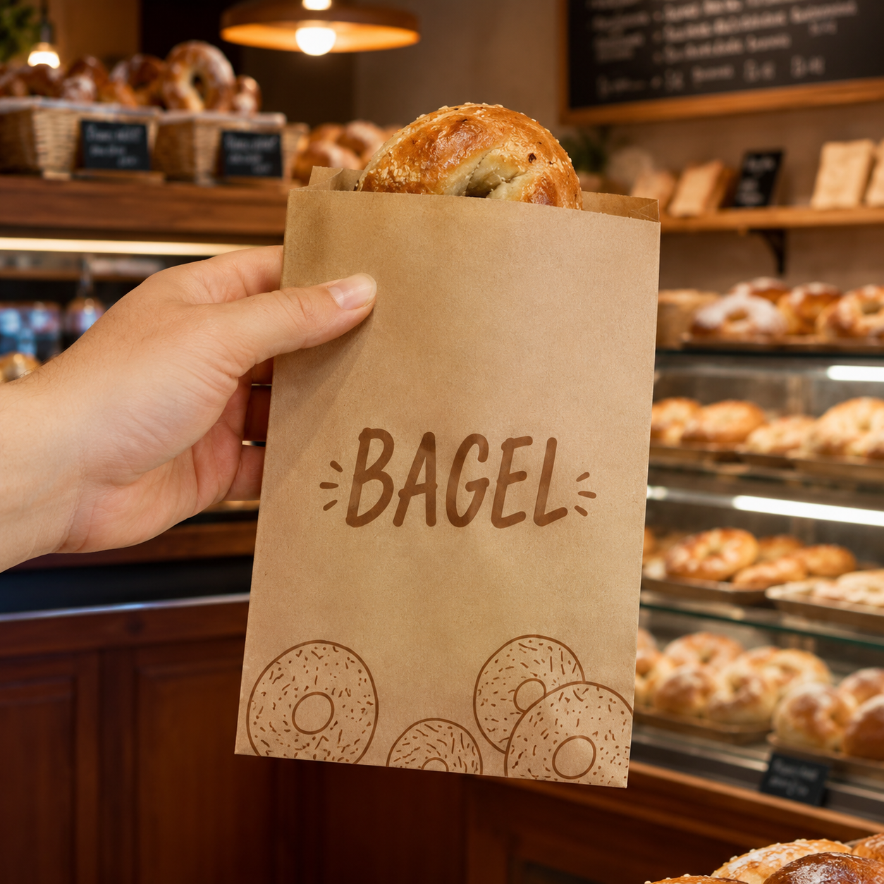 Hand holding kraft bagel bag printed with bagel graphics, filled with fresh bread in a cozy bagel shop, ideal single-use packaging to make a bag full of bagels for daily sales