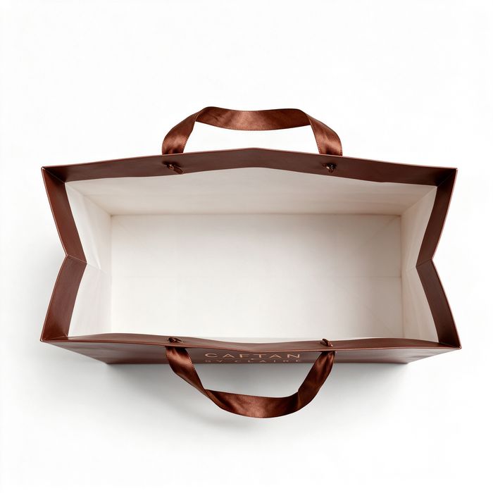 Top-down view showing the spacious interior and white lining of a premium brown paper gift bag with handles.