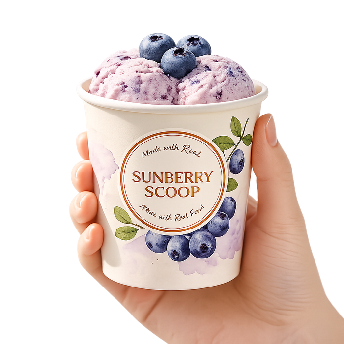 Custom printed watercolor fruit illustration ice cream paper cup, branded blueberry frozen yogurt takeaway packaging, premium food grade paper cup printing mockup from OEM packaging supplier