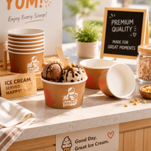 Bright ice cream shop counter display of stacked custom branded kraft mini paper ice cream cups, filled with chocolate gelato and toppings, small disposable gelato yogurt containers bulk wholesale dessert packaging supplies