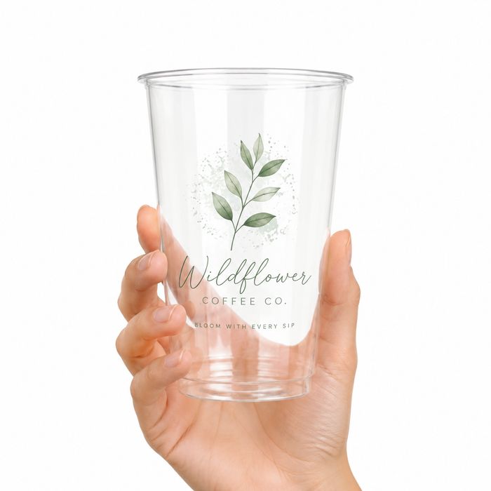 A hand holding a transparent PET tumbler printed with a subtle leaf logo showcasing clear tumbler cups for eco friendly beverage brand packaging.
