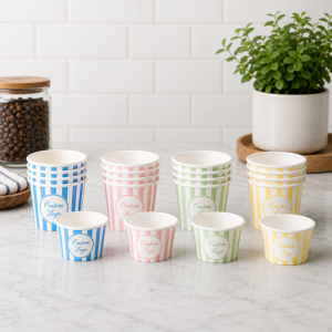Multi-color striped custom logo paper cups in blue pink green yellow in different sizes, perfect for cafes and events.