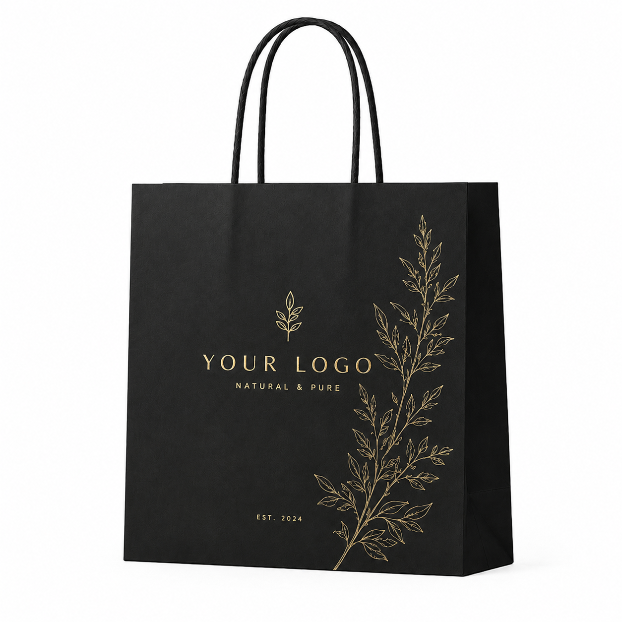 Black custom paper shopping bag featuring gold foil logo printing and botanical pattern design for luxury retail packaging