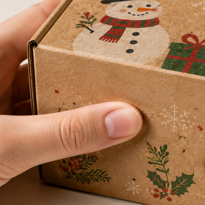 Close-up of a hand touching a sturdy kraft cardboard gift box, showing its durable corrugated paper material.