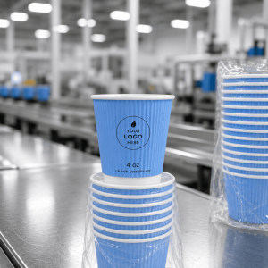 Stacked custom logo 4oz blue ripple paper cups on production workshop conveyor bulk wholesale disposable espresso cup for industrial catering