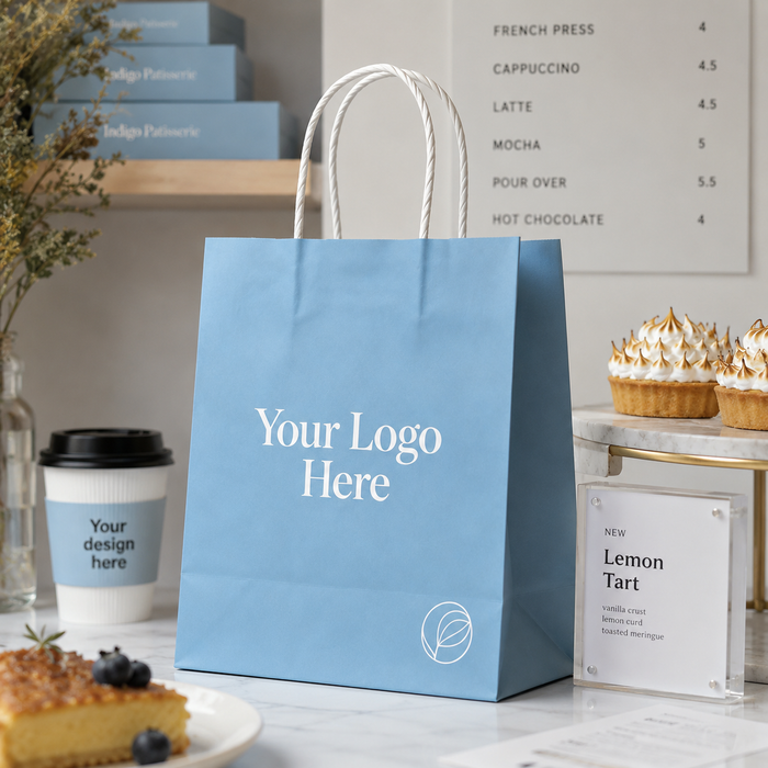 Premium custom logo paper shopping bag displayed in modern bakery dessert and pastry shop environment