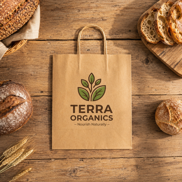 Eco-friendly brown kraft shopping bag with custom green leaf brand logo, twisted paper handle tote bag styled with rustic bread bakery display for natural organic food retail bulk supply