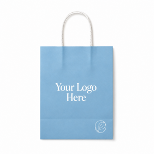 Blue custom logo paper shopping bag front view isolated on white background