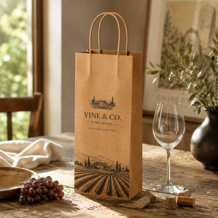 Warm rustic commercial photo custom vineyard print kraft wine gift bag placed on wooden table with fresh grape cluster wine corks and empty goblet