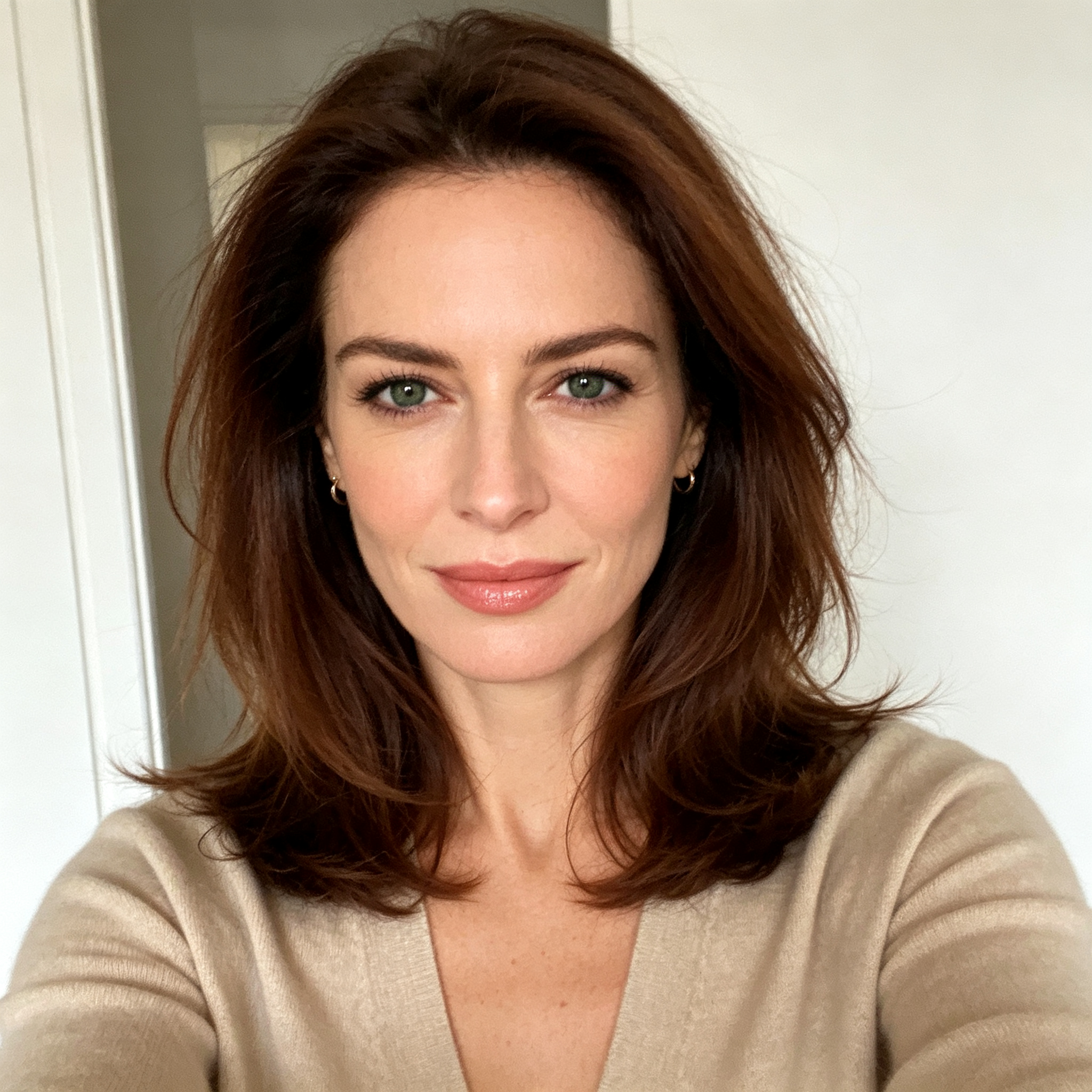 A close up headshot portrait of a brunette female customer smiling warmly for a customer feedback testimonial or user review avatar.
