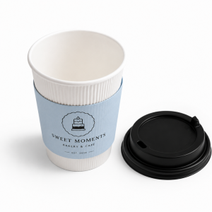 Disposable custom printed corrugated coffee cup sleeve mockup, branded paper cup wrap for takeaway coffee and beverages
