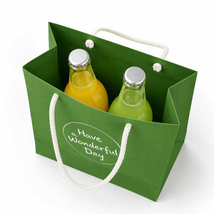 green cardboard carrier bags, printed cardboard gift bags with Have a Wonderful Day logo, eco retail carry bags with rope handles holding two glass drink bottles