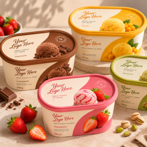 Collection of custom printed Greek yogurt ice cream tubs in strawberry chocolate mango and pistachio flavors, with ingredients like fruit nuts and cocoa displayed.