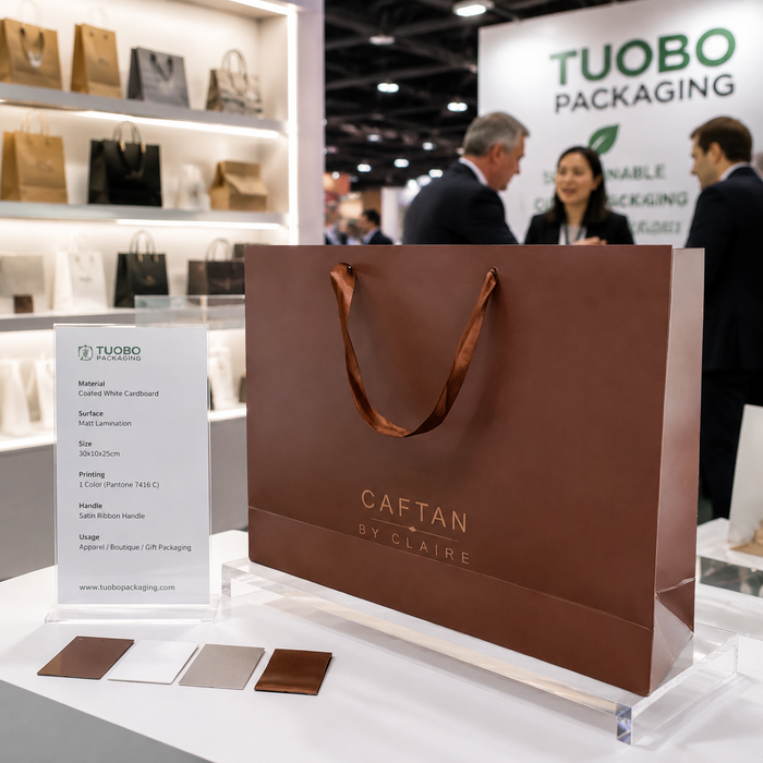 A brown shopping bag on display at an exhibition booth hosted by a custom paper bag supplier.