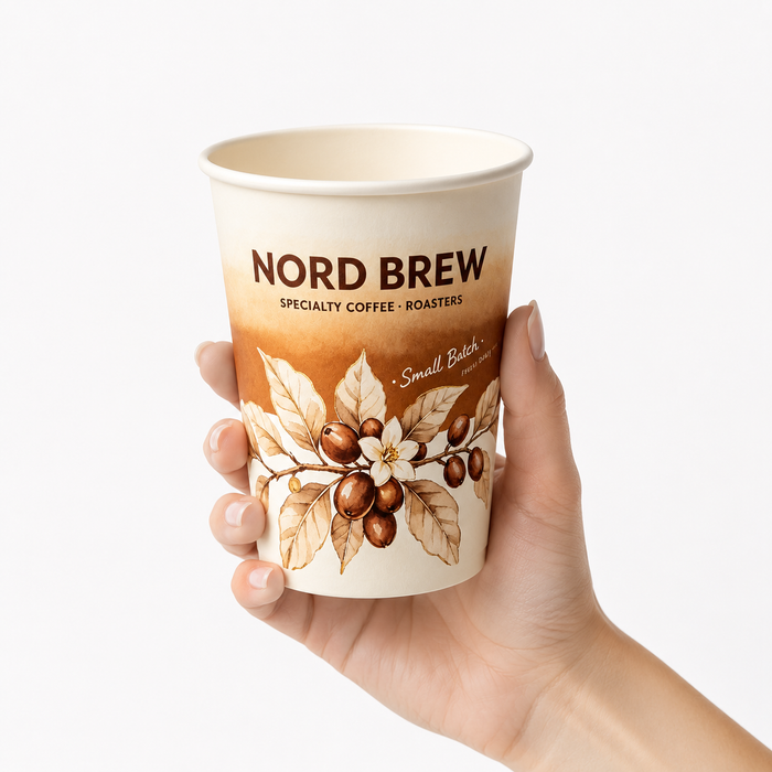 Custom gradient branded paper coffee cup with coffee bean watercolor print, eco friendly disposable hot beverage cup for specialty coffee roasters