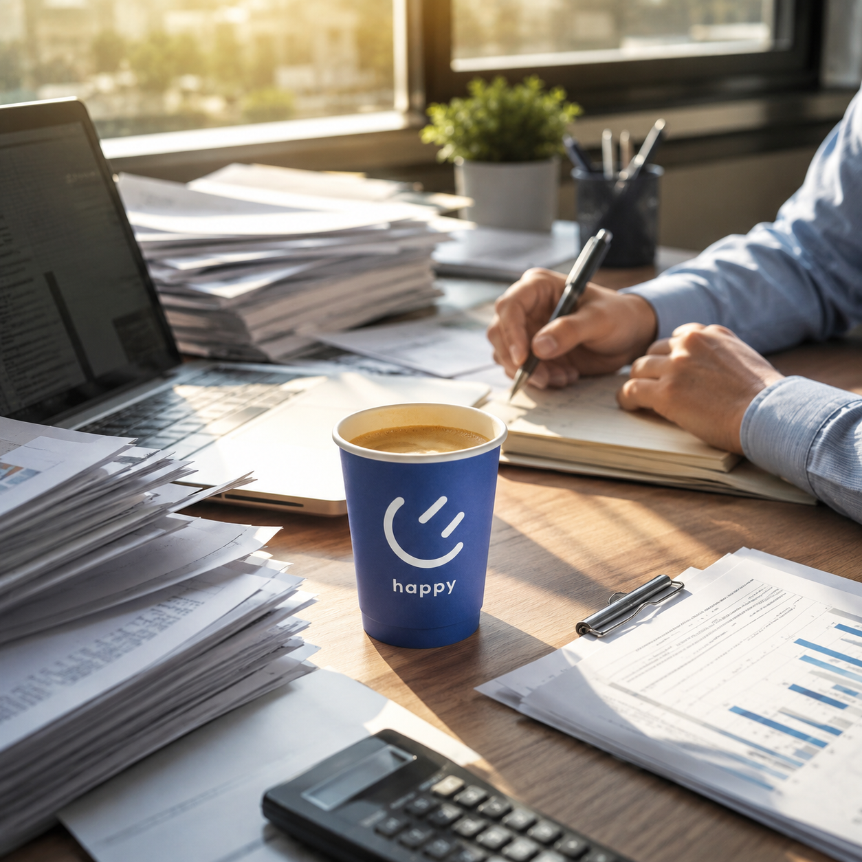 A custom printed blue disposable coffee cup filled with hot coffee on a wooden desk surrounded by paperwork and a laptop.