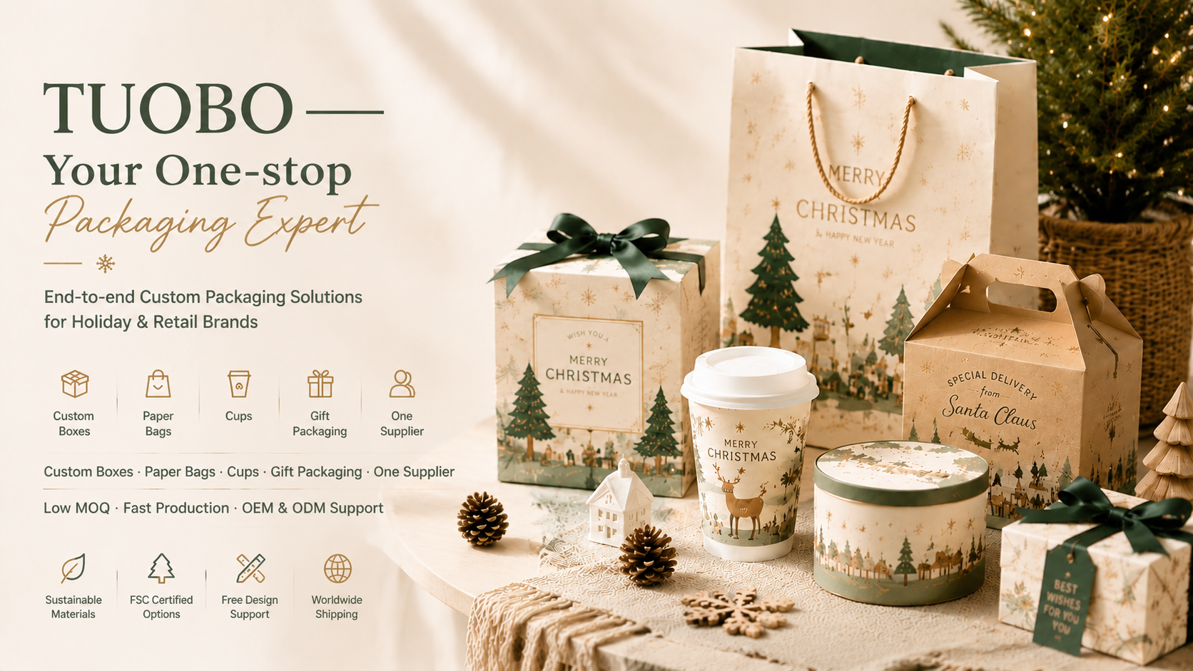 Festive commercial banner showcasing TUOBO packaging brand with holiday gift boxes, paper bags, takeaway cups, and gift packaging products arranged on a warm rustic table. Left side contains English marketing text and service icons describing custom packaging solutions, while the right side displays Christmas-themed packaging in neutral green, beige, and gold tones under soft natural lighting.