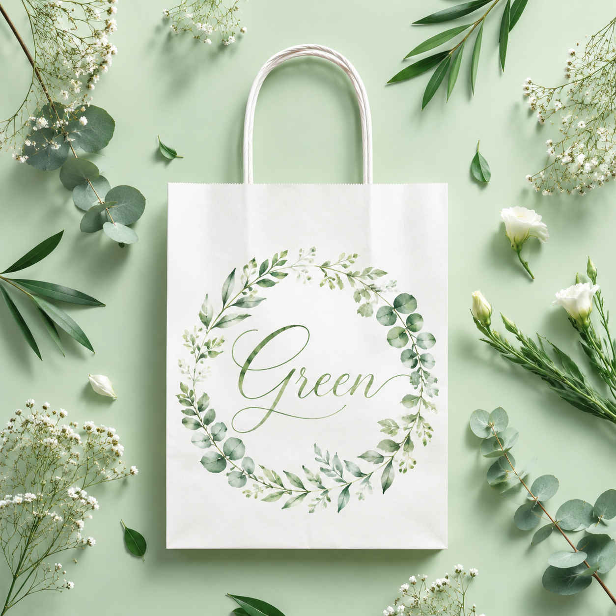 Flat lay shot of custom white paper tote bag with watercolor eucalyptus wreath print, green botanical decor on mint background, eco brand packaging mockup
