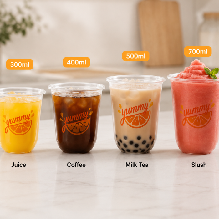 Four sizes transparent rPET U shape cups display, 300ml juice cup, 400ml coffee cup, 500ml bubble tea boba cup, 700ml slush smoothie cup, eco friendly food grade recycled PET takeaway beverage packaging cups for restaurant cafe wholesale supplier