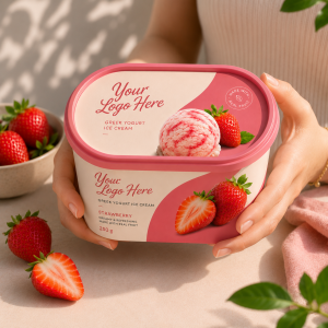 A woman holding a pink strawberry Greek yogurt ice cream tub in a warm natural-light setting, surrounded by fresh strawberries and soft pastel decor, showcasing premium lifestyle packaging design.