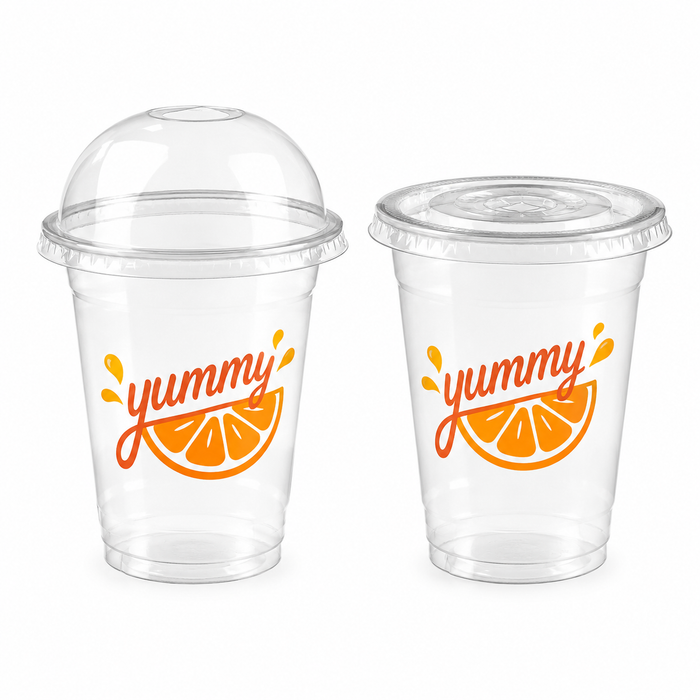 Empty logo printed rPET clear plastic cups with dome dome lid and flat sip lid, recycled PET recyclable eco friendly cold drink takeaway cups, blank custom printable beverage cups for wholesale cafe supplies