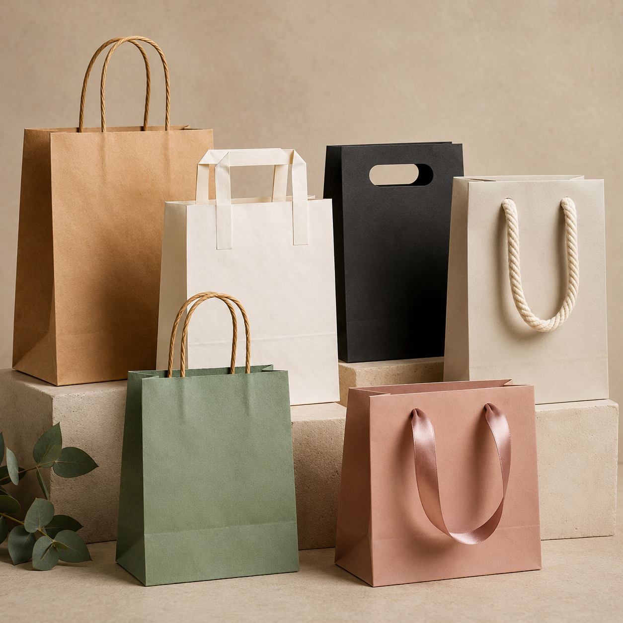 Minimal studio scene showing paper shopping bags with twisted, flat, die-cut, rope, and ribbon handles under soft light.
