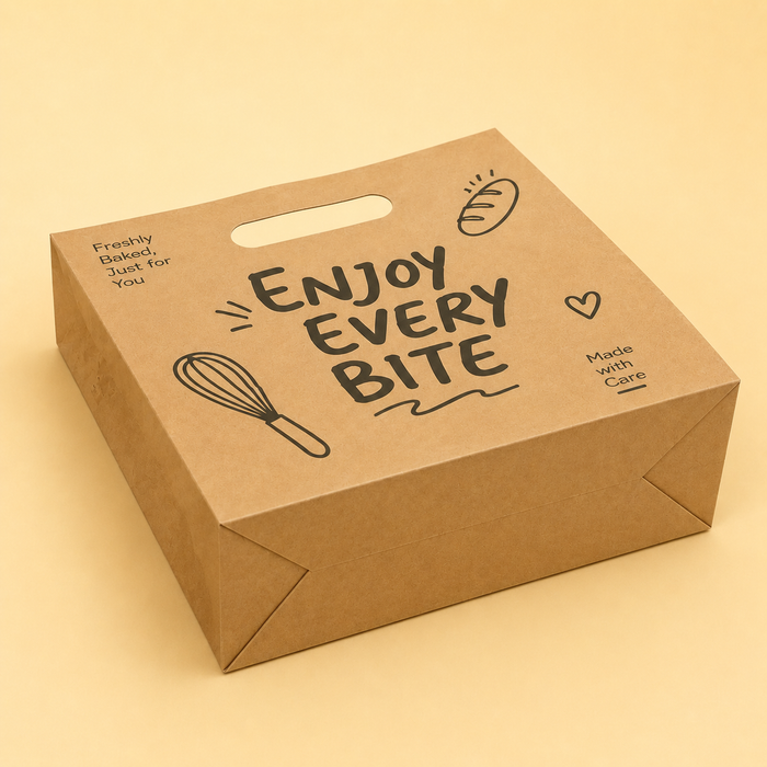 Custom printed die cut handle kraft paper bag, eco friendly bakery takeaway packaging with Enjoy Every Bite print, wholesale sustainable kraft carry bag